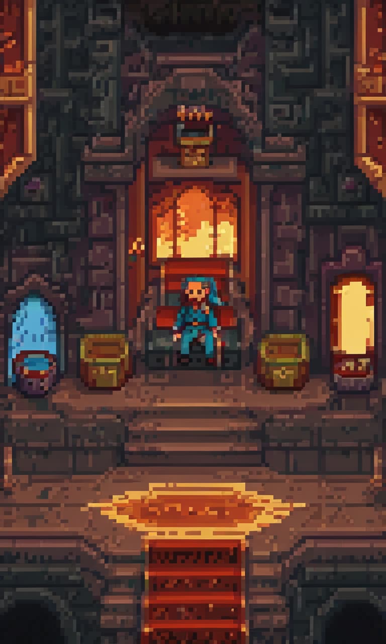  pixel art create a background for a pixel game 370x618 in dark and warm colors, there is a small staircase at the bottom, a throne at the top, a place with a carpet in the middle, large pixels, cartoon style . low res, blocky, pixel art style, 8 bit graphics