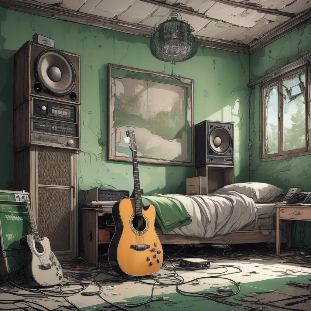  une chambre abandonnée en ruine avec une guitare électrique et un amplificateur de guitare vert , comic style, manga and manhwa style, painting style