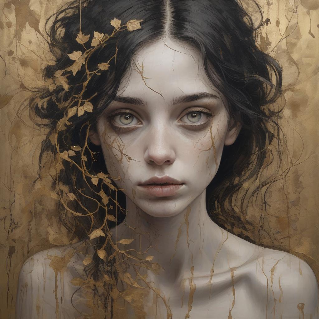  create a textured portrait of a female with pale skin and dark hair, characterized by a mixture of organic and gritty elements, resembling the juxtaposition of beauty and decay. in the foreground, the woman's visage occupies two thirds of the image vertically, offset slightly to the right. she presents a pensive or determined expression, her eyes are dark, and her lips are lightly colored. one eye is partially obscured by delicately crafted golden vines which seem to grow from her skin, adding a touch of elegance to the grungy aesthetic. her hair is loose, dark, and flowing to the left side of the canvas, blending into the chaotic, abstract background. the background itself is a montage of scratches, splatters, and painterly textures in mon