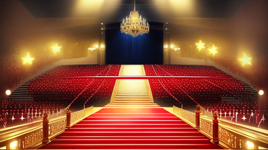  the way to the stage, everything is bright and shining with stars, in the center there is a staircase with a red carpet on the podium, golden glow, without people