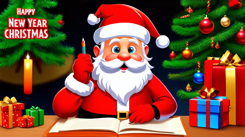  santa claus writes letters to children against a beautiful christmas background. beautiful magical christmas postcard. cartoon christmas atmosphere! happy new year and merry christmas ar 16:9 {prompt}, maximum details