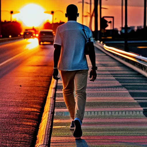  a man with a bag of money walks along the road, sunset on the street
