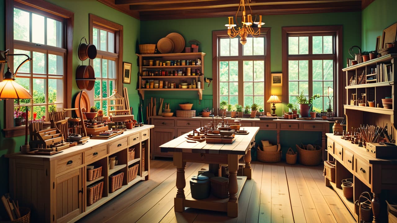  a bustling artisan workshop filled with various finished woodworking projects: rustic furniture, intricate wooden toys, and elegant home decor items, all displayed on warm wooden surfaces, with natural light filtering through large windows. hyperrealistic, full body, detailed clothing, highly detailed, cinematic lighting, stunningly beautiful, intricate, sharp focus, f/1. 8, 85mm, (centered image composition), (professionally color graded), ((bright soft diffused light)), volumetric fog, trending on instagram, trending on tumblr, HDR 4K, 8K