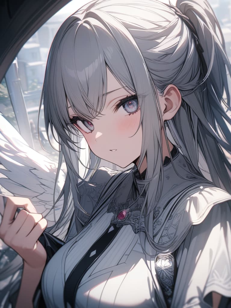  cute, angel, subculture, gray hair, moe sleeve, odd eye, masterpiece, best quality,8k,ultra detailed,high resolution,an extremely delicate and beautiful,hyper detail