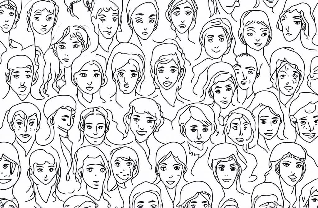  contour, very simple image in one unbroken black ink line, single line of people's faces seamless pattern of hand drawn faces of different nationalities. ar 3:2 using a single continuous black line ink brushon white background, drawing should be created without lifting the pen, recognizable features of people's faces seamless pattern of hand drawn faces of different nationalities. ar 3:2 in one unbroken line