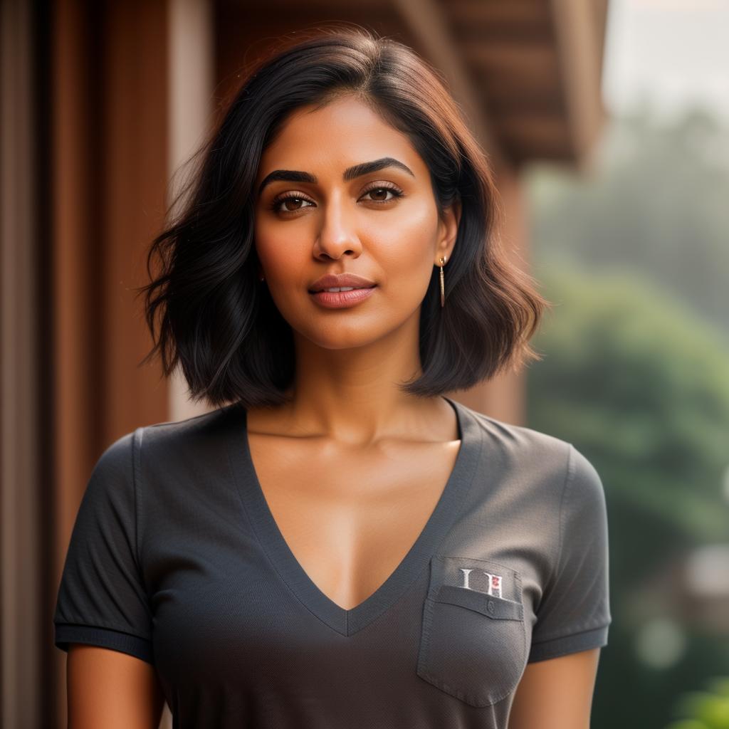  (((realistic full torso frontal head shot of a light brown to medium brown skin tone woman))), komal swati sumanian, ((indian heritage)), immature face, blue eye color, ((short hair style)), ((black hair color)), ((skinny body type)), medium size, big size, (immature straight defined nose), (immature high cheekbones), (immature soft jawline), (immature medium lips), (immature broad forehead), (immature natural eyebrows), (immature dimpled chin), standing straight looking directly into the camera,((wearing fitted polo shirt with deep v neck and monogrammed pocket)), backyard in background, 1girl, best quality, highest quality, award winning photo, masterpiece, raw, professional photography, photorealism, sharp focus, cine hyperrealistic, full body, detailed clothing, highly detailed, cinematic lighting, stunningly beautiful, intricate, sharp focus, f/1. 8, 85mm, (centered image composition), (professionally color graded), ((bright soft diffused light)), volumetric fog, trending on instagram, trending on tumblr, HDR 4K, 8K