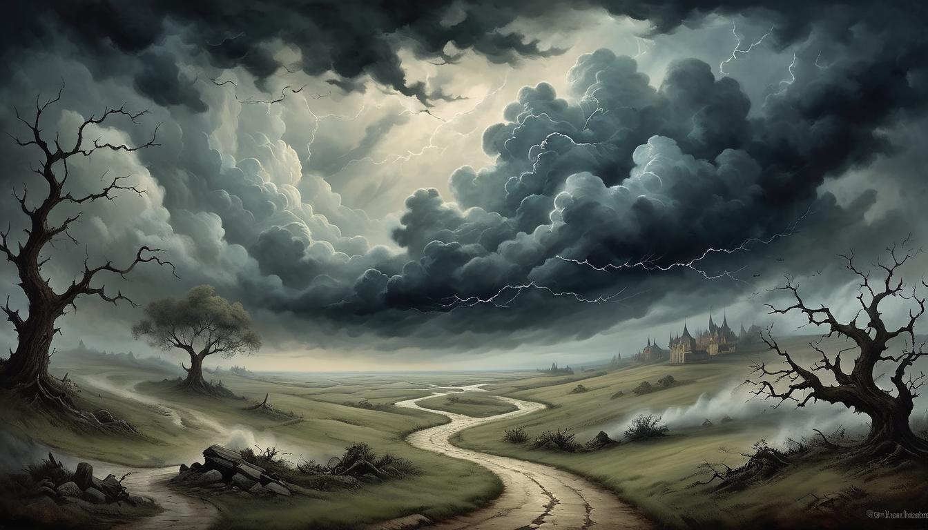  on parchment, surrealism+++, storm clouds above a tranquil path, tumultuous, contrast, peace in the midst of chaos(mysterious, provocative, symbolic,muted color)+++