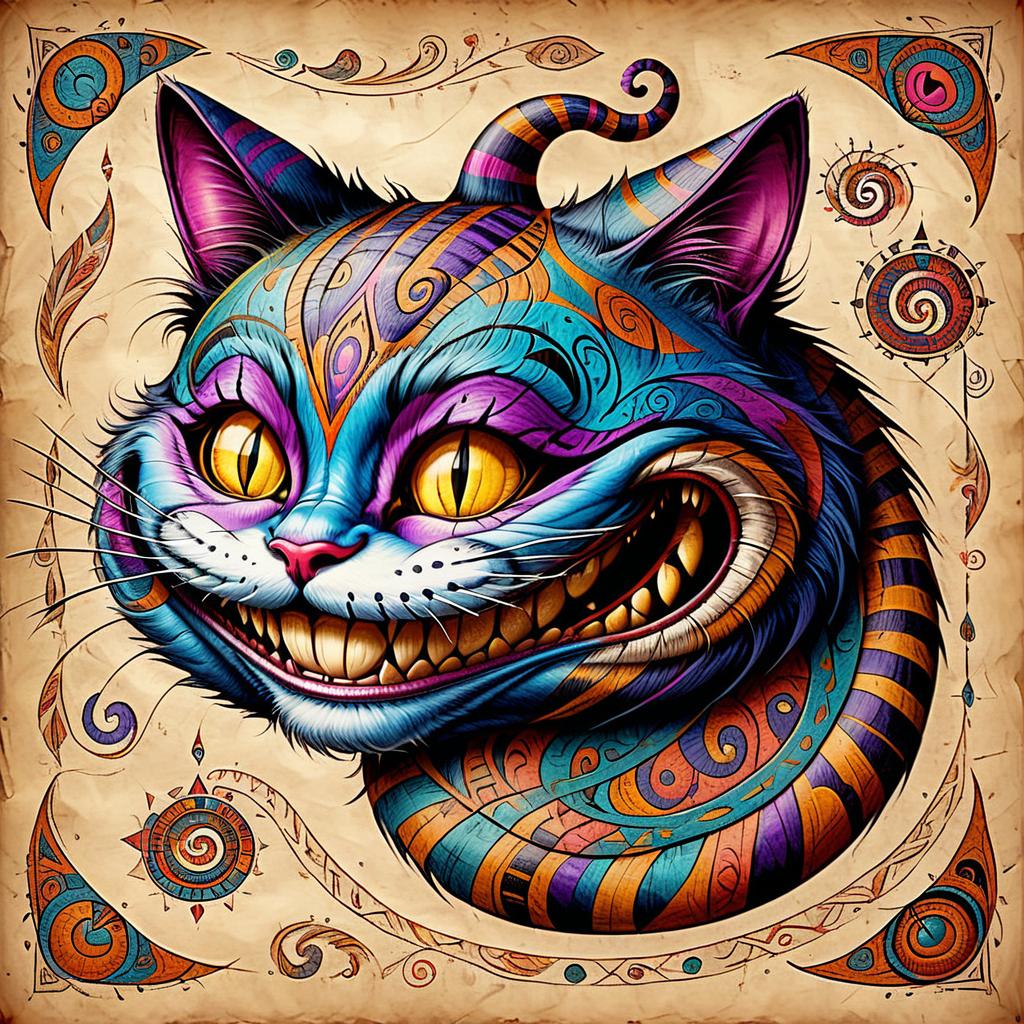  tribal style cheshire cat smiles . indigenous, ethnic, traditional patterns, bold, natural colors, highly detailed, on parchment