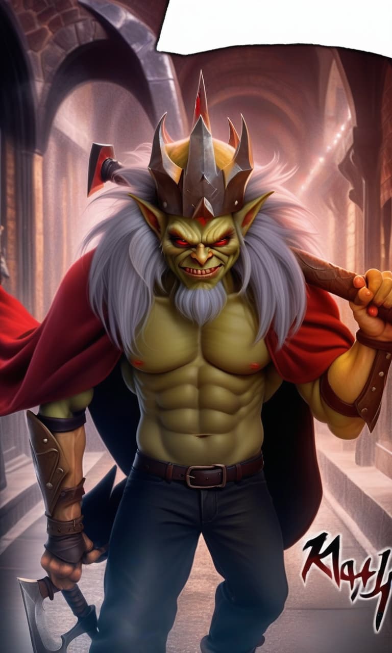  hyperrealistic art an evil goblin king, a crown on his head, with a small beard, red eyes, an evil grin on his face, a mantle with a fluffy collar, a large axe on his shoulder, a sporty physique. . extremely high resolution details, photographic, realism pushed to extreme, fine texture, incredibly lifelike, perfecteyes, hkmagic