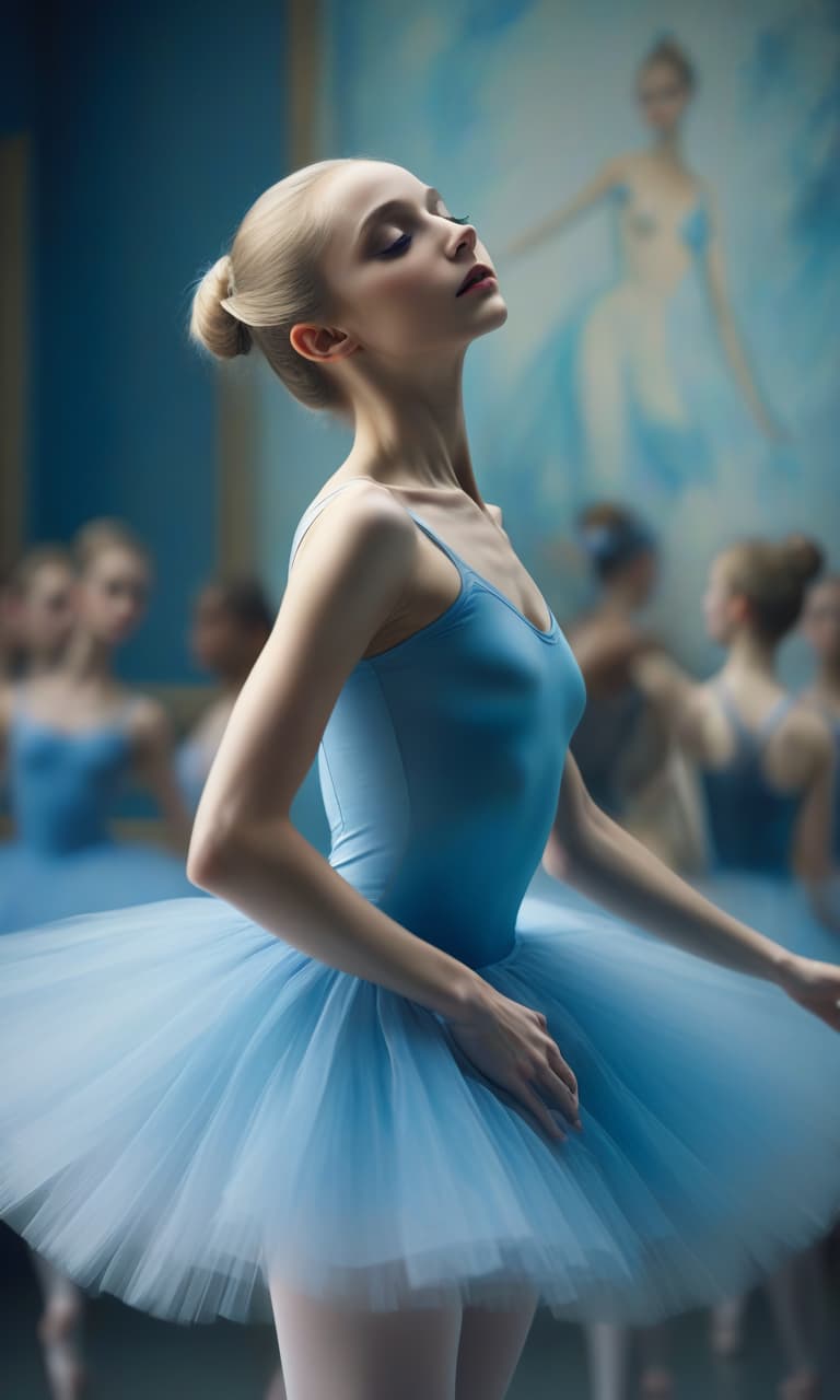  cinematic film still a very slender ballerina in a blue with a silvery tint pack, dances on pointes, her hair is blonde, laid in a high hairstyle, a blue ribbon is tied on her head, the girl is very beautiful in a half profile, full height, a beautiful pose in dance. painting, large strokes, acrylic, blurred background. degas style. . shallow depth of field, vignette, highly detailed, high budget, bokeh, cinemascope, moody, epic, gorgeous, film grain, grainy