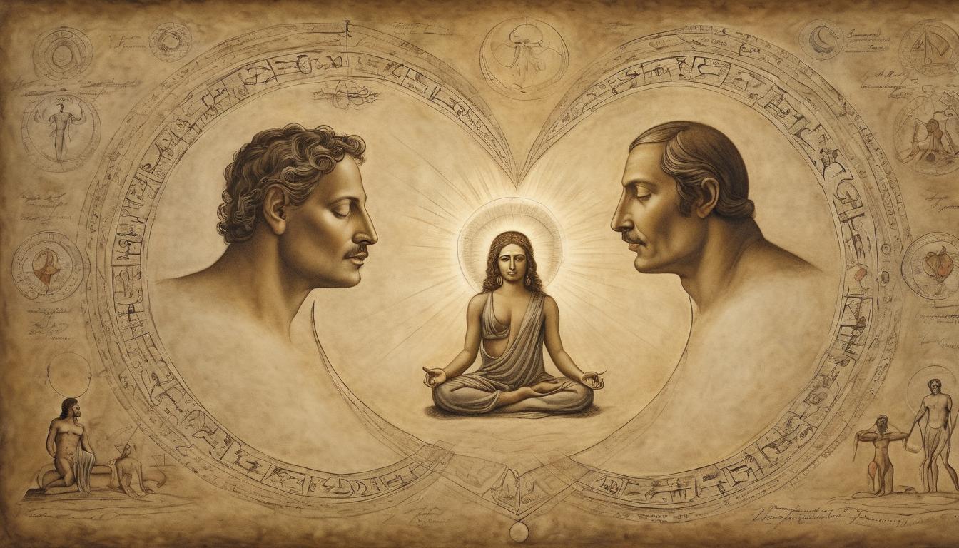  on parchment, surrealism++, figures meditating, halo like light around heads, cosmic background, intertwined threads of light linking hearts, divine insight, realization(mysterious, provocative, symbolic)++