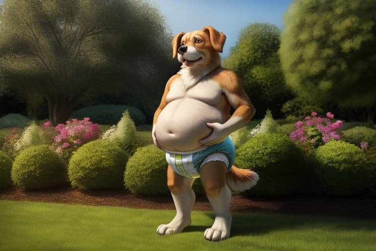  elderly, male, dog, round belly, wearing only a diaper, standing up, holding belly, outside in a garden, open eyes, masterpiece, 4k, fine details,