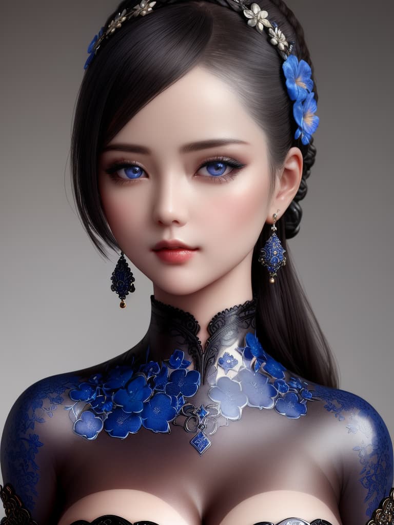  Close-up porcelain female figurine, looking to the camera, glossy surface, glaze, shiny, blue floral tattoos on her, dark gradient background, baroque dark style, hyperrealistic, CG society, intricate details