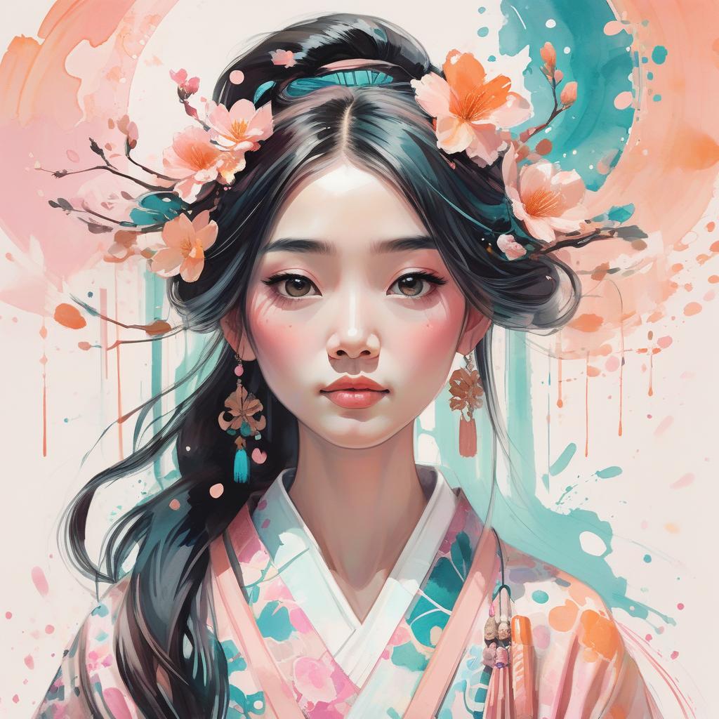  concept art an asian woman wearing an intricate kimono, digital watercolor painting, paint splatter, long hair, bold brush strokes, pale skin, bright colors on white background, pink peach orange teal black color palette, symmetrical, bold eyeshadow, adorable, cute, pixar style painting, art nouveau . digital artwork, illustrative, painterly, matte painting, highly detailed