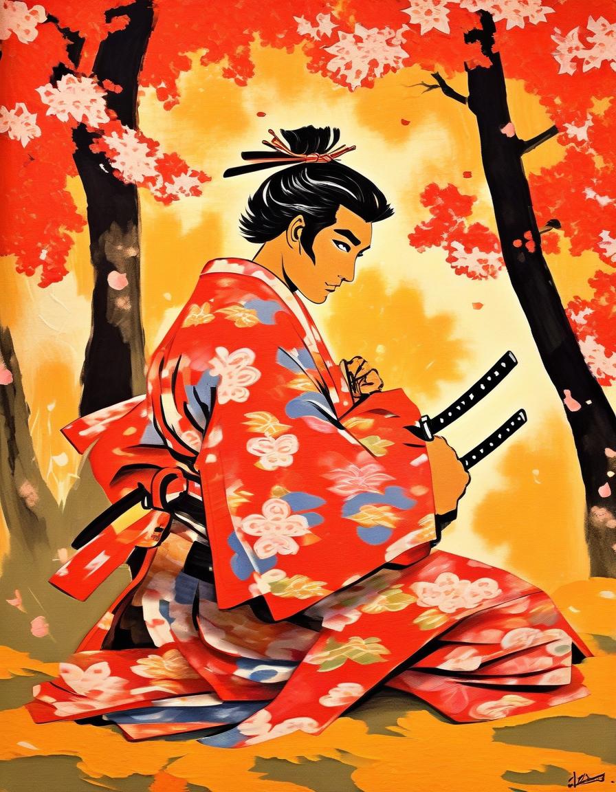  impressionist painting masterpiece. ancient japanese print.(samurai, with a katana at his belt, down on one knee giving a cherry blossom to a beloved in a beautiful kimono, around a whirlwind of autumn leaves:1.5). the style of ancient japanese prints . loose brushwork, vibrant color, light and shadow play, captures feeling over form, perfecteyes, oil painting