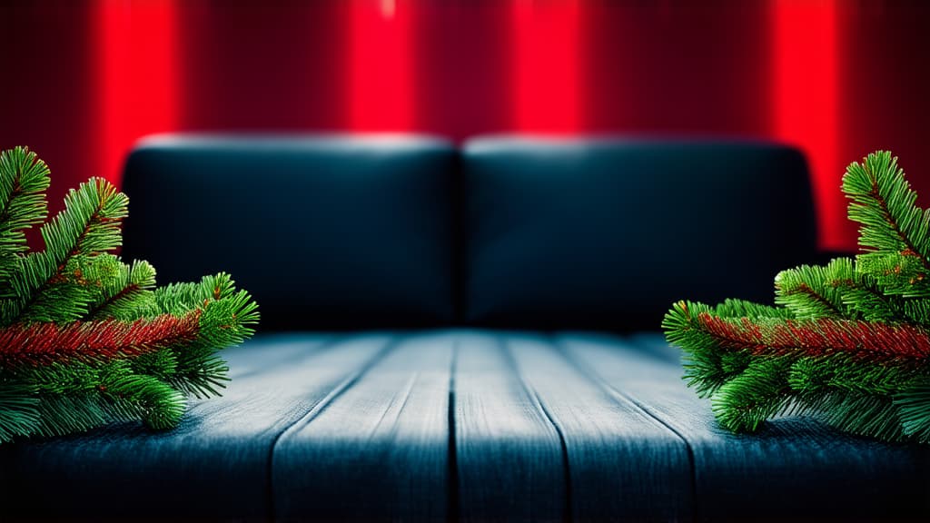  cinematic film style, red background with fir branches placed on the edges, empty space for text in the center of the photo, winter, festive mood ar 16:9, shallow depth of field, vignette, maximum details, high budget hollywood movie, bokeh, cinemascope, moody, epic, gorgeous, sun rays and shadows on furniture and surfaces, flattering light, raw photo, photography, photorealistic, 8k resolution, f1.4, sharpened focus, sharp focus