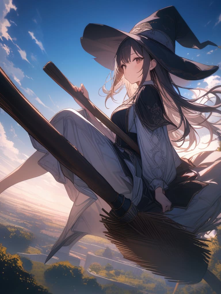  witch, girl, hat, hair fluttering, flying in the sky, sideways with brooms, sitting on it, riding on a broom, masterpiece, best quality,8k,ultra detailed,high resolution,an extremely delicate and beautiful,hyper detail