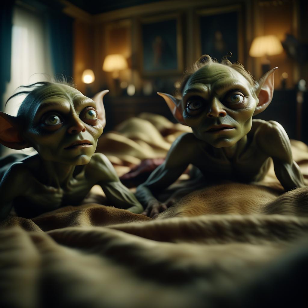  cinematic film still conjoined goblin twins lie on animal skins on a bed and stare at the ceiling . shallow depth of field, vignette, highly detailed, high budget, bokeh, cinemascope, moody, epic, gorgeous, film grain, grainy