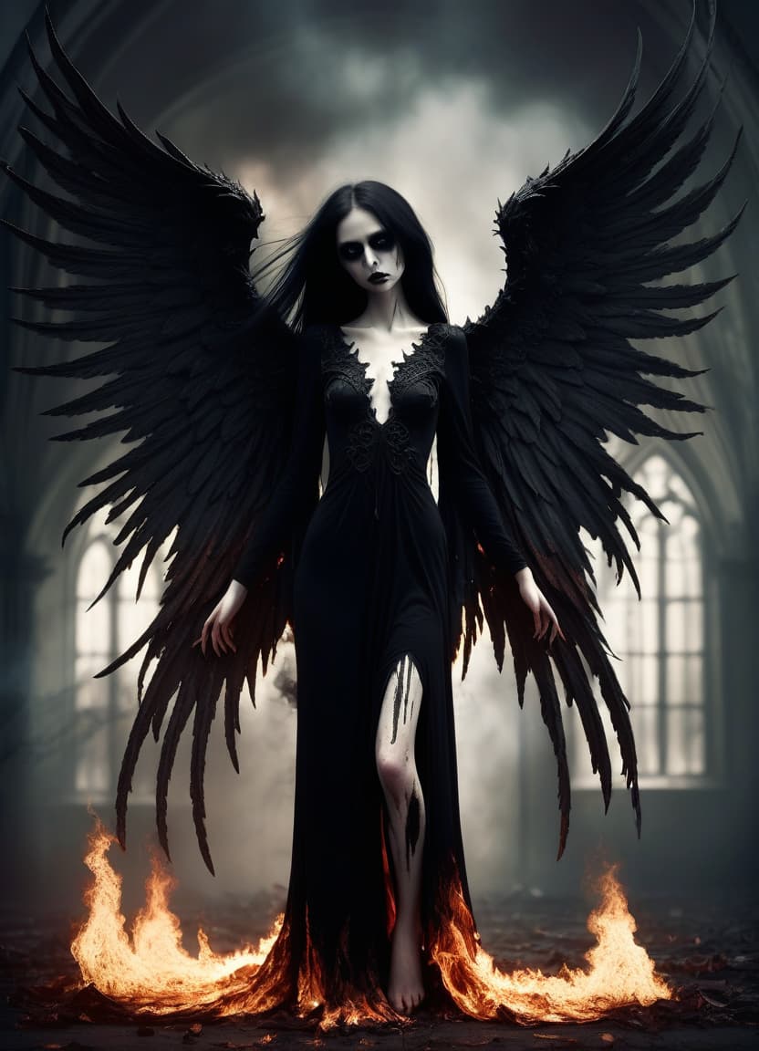  macabre style make her a fallen angel, she grows wings covered with fire . dark, gothic, grim, haunting, highly detailed