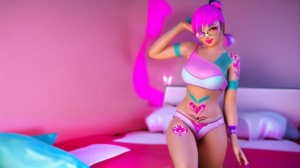  3D render of a Thai woman standing the bedroom, smile, (pink ponytail with bangs), breasts, lipstick, white bra and micro panty with pink waistband, optic glasses, (colorful tattoos:1.3), model pose