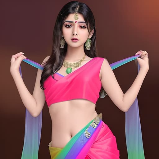  a sexy indian lady weared rainbow color saree without blouse