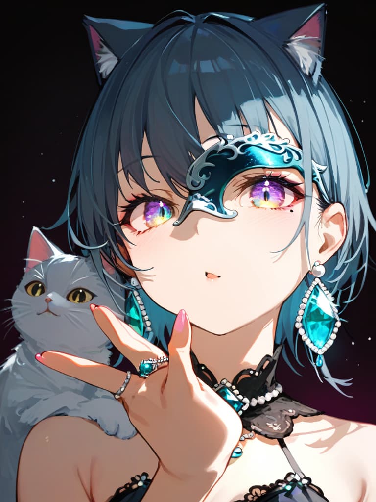  ultra detailed:1.2,masterpiece:1.2,best quality,masterpiece,bestquality,hdr:1.1,8k:1.1,very cute girl:1.3,((alexandrite stone:1. )),((hand up,reaching backhand,alexandrite ring:1.6)),(pearl earrings:1.4)(princess gown:1.3),(upper body:1.4),(face focus:1.2),((cat,masquerade mask:1.7))(close mouth:1.3)