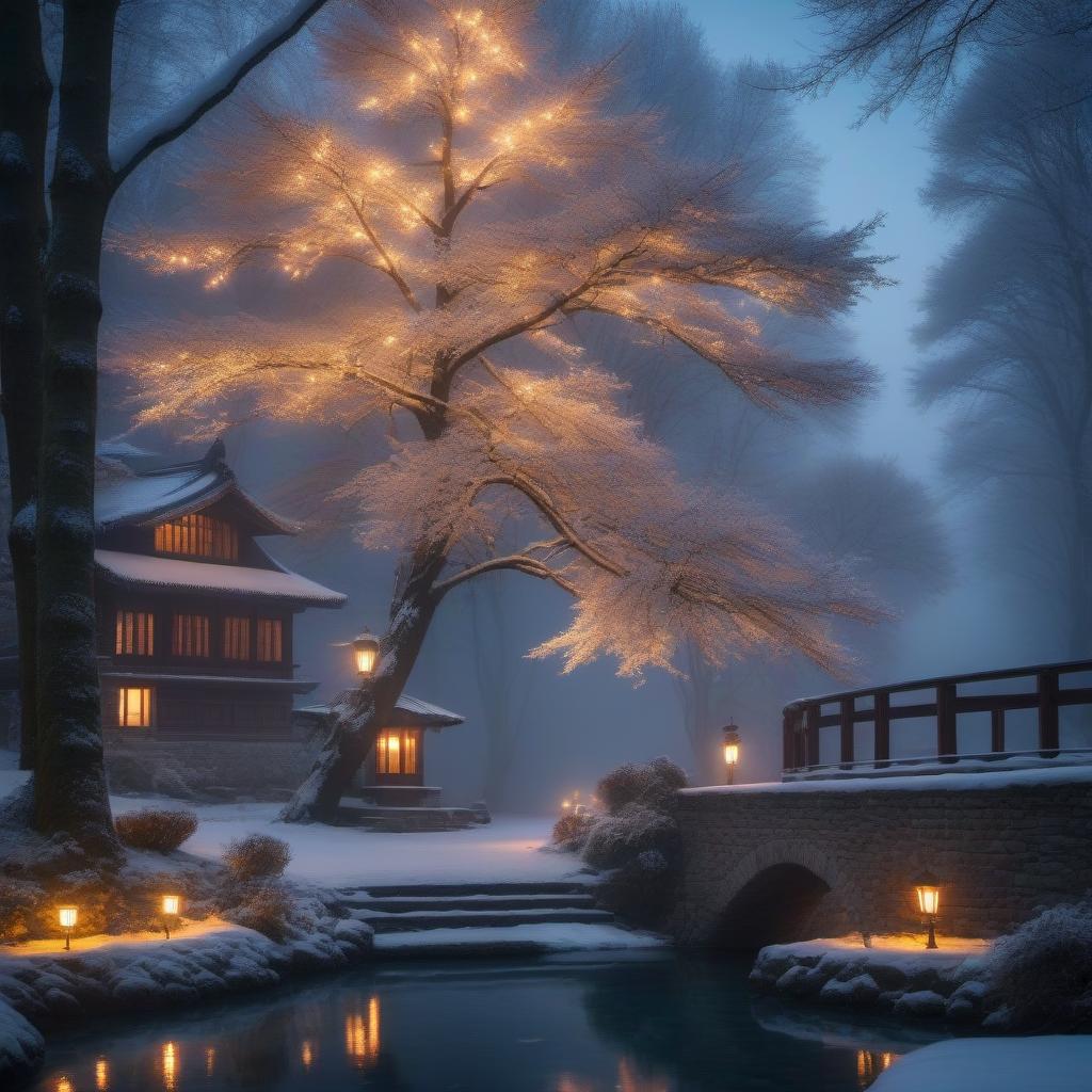  A winter evening with beautiful lights and stars, a magnificent landscape hyperrealistic, full body, detailed clothing, highly detailed, cinematic lighting, stunningly beautiful, intricate, sharp focus, f/1. 8, 85mm, (centered image composition), (professionally color graded), ((bright soft diffused light)), volumetric fog, trending on instagram, trending on tumblr, HDR 4K, 8K