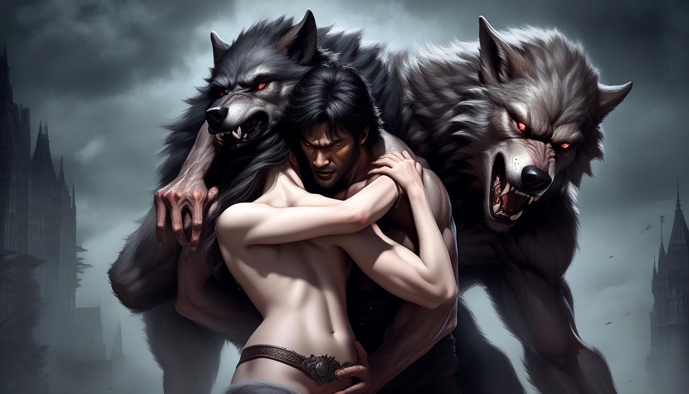  a strong and large werewolf, half wolf and half human, is carrying an unconscious, semi , sensual woman in his arms. the has strong, beautiful hips., hkmagic