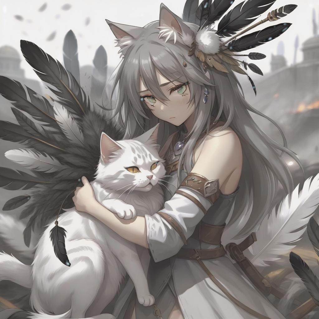  concept art female neko, grey, long hair, white eyes, with feathers on her head, who cries and hugs herself in the background of the battle . digital artwork, illustrative, painterly, matte painting, highly detailed