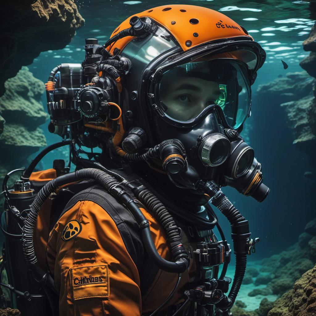  jb name, male, rebreather diver, thick loops, helmet in orange, cave diver, underwater, face view diver, fresh water, shoulder view, jb, cyberpunk style