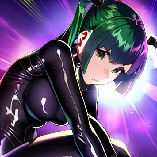  masterpiece, best quality, detailed beautiful face and eyes,textile shading,anime,cow shot,photographic skin,1,,long hair,twintails,green hair,BREAK,brown eyes,BREAK,blunt bangs,flat ,slit pupils,black bodysuit,catsuit,black rubber suit, shiny body suit, photography rubber suit, shiny oil, satin, ultra detailed hyperrealistic, full body, detailed clothing, highly detailed, cinematic lighting, stunningly beautiful, intricate, sharp focus, f/1. 8, 85mm, (centered image composition), (professionally color graded), ((bright soft diffused light)), volumetric fog, trending on instagram, trending on tumblr, HDR 4K, 8K