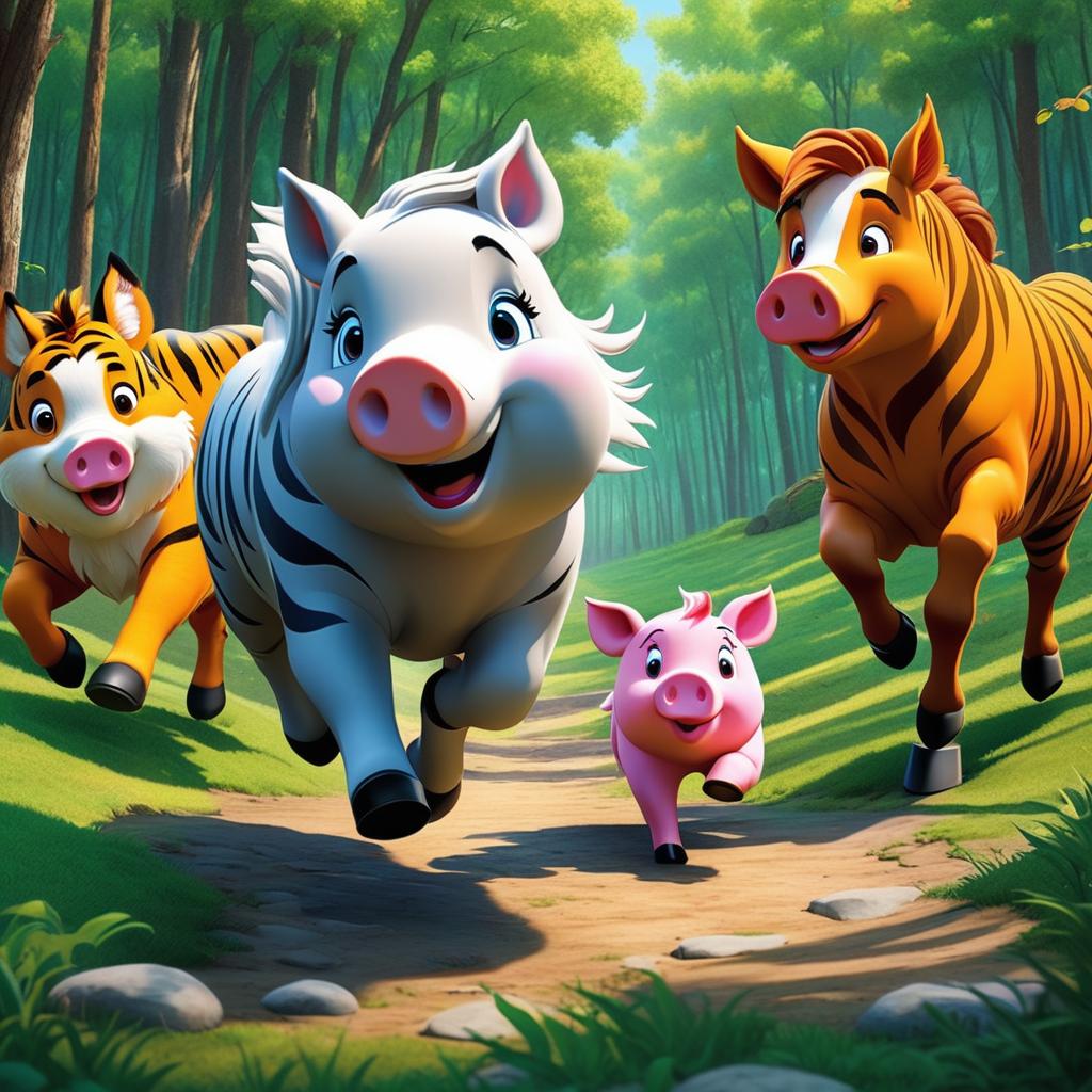  toon tigers and pigs and horses, jumping in the woods。, award winning, professional, highly detailed, masterpiece