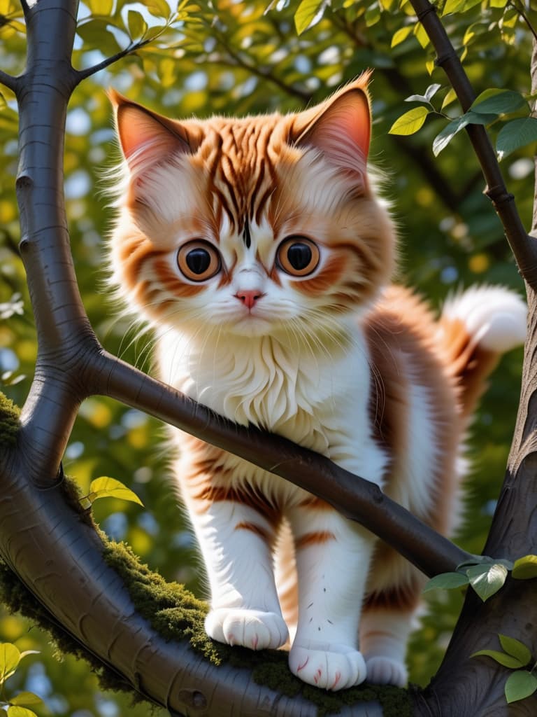  cats are stuck in trees, claws are stuck in two staggered branches, and claws are caught in the trunk, with soft orange hair and bright big eyes photo realistic, highly intricate and detailed, masterpiece, ultra high res,photography,8k resolution