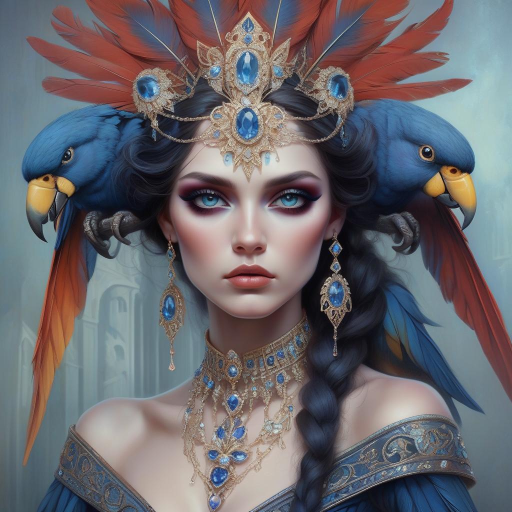  hyper realistic, hyper detailed fantasy art; elegant, intricate, detailed, symmetrical face, accurate anatomy and eyes by tom bagshaw, magali villenueve; karol bak, of a beautiful woman with colorful parrot feather headdress and shoulder jewelry, diamonds, sapphires, insanely detailed, artgerm, wlop, tom bagshaw, magali villenueve; karol bak, photograph taken on nikon d750, intricate, digital illustration