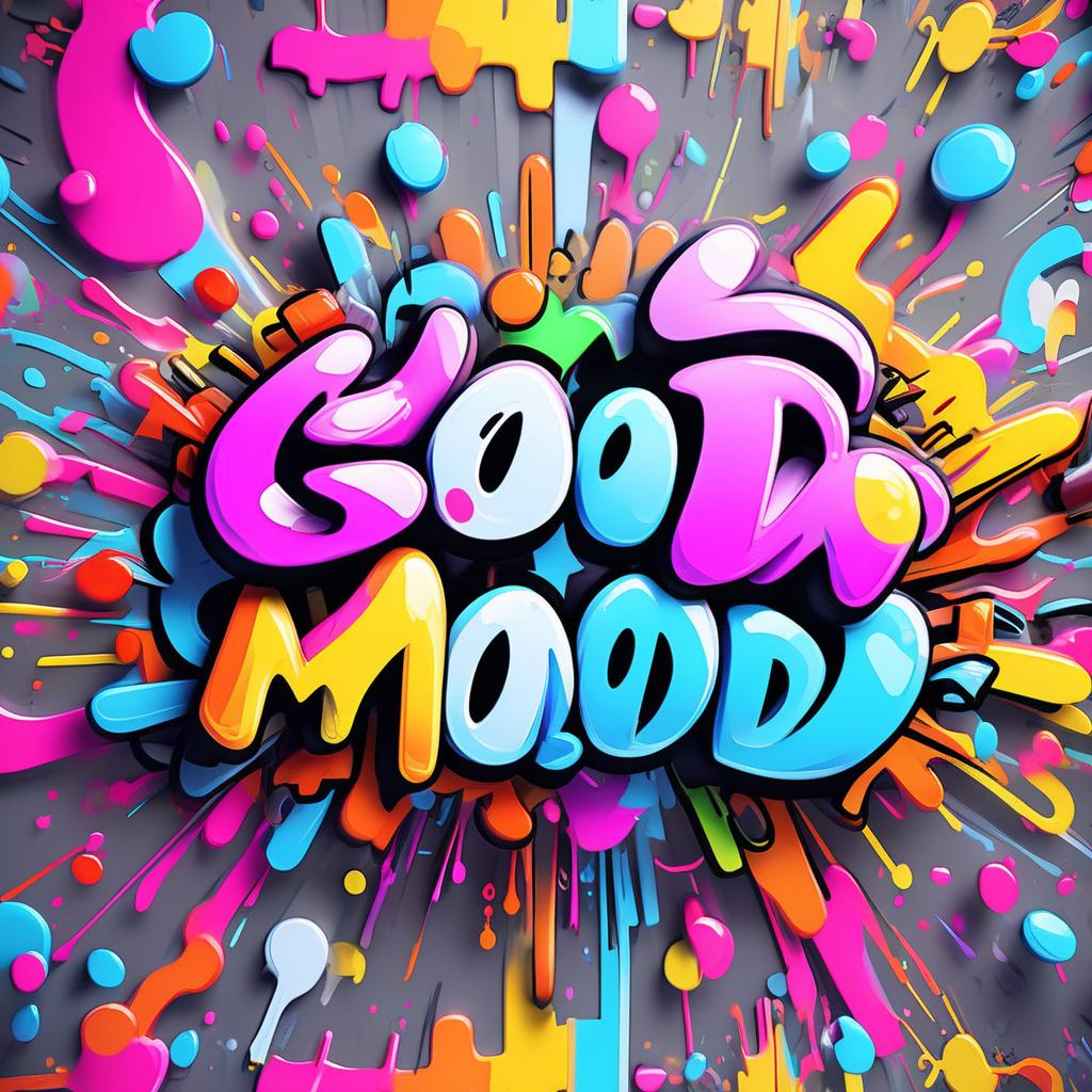  graffity art phrases"good mood" in movie theme, 4k, high resolution, ray tracing, detaleed, front view