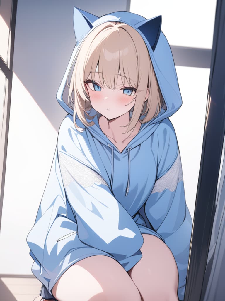  girls, blonde, light blue eyes, moe sleeves, cat ears hoodie, masterpiece, best quality,8k,ultra detailed,high resolution,an extremely delicate and beautiful,hyper detail