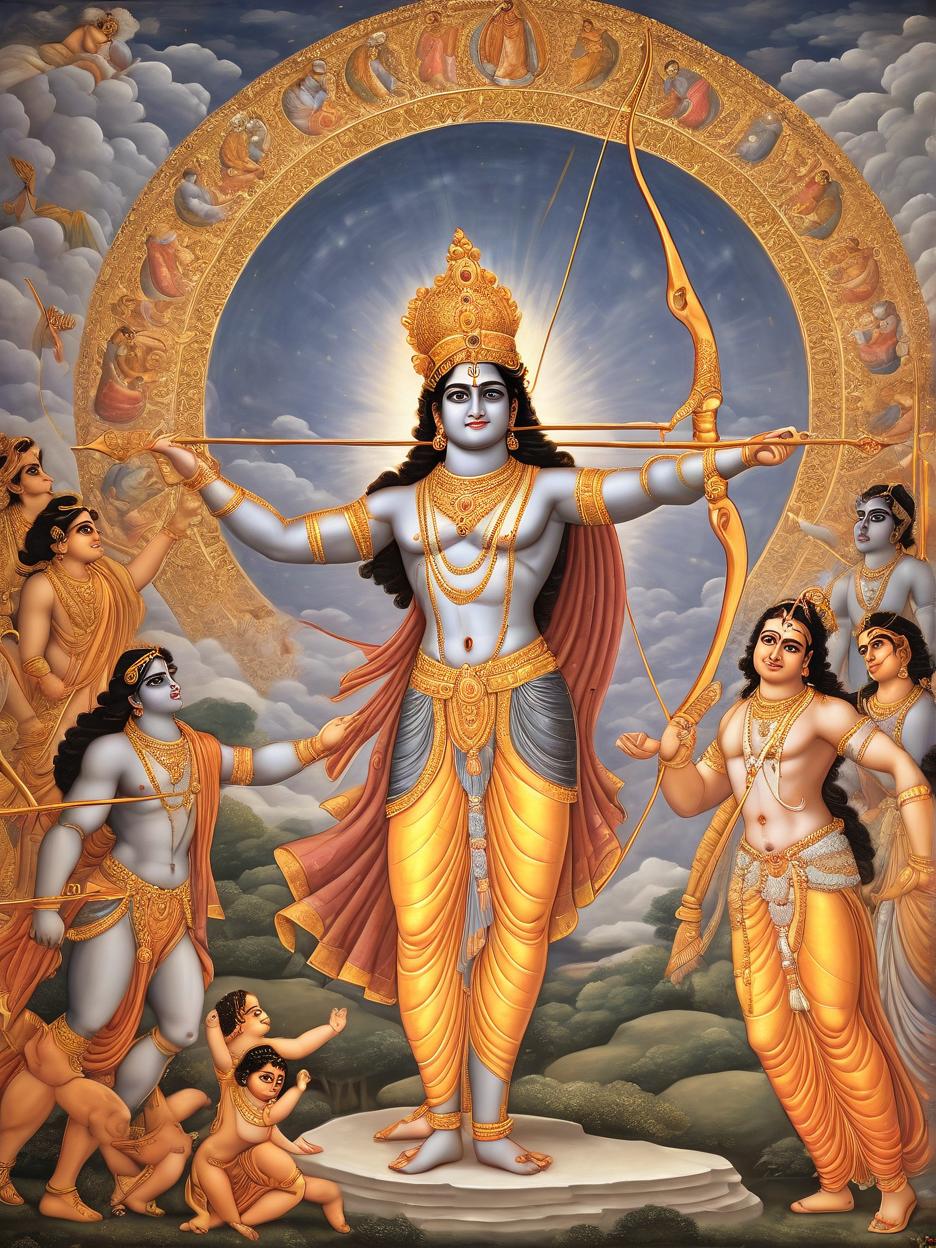  a concluding frame showing arjuna lowering his bow, symbolizing restraint. in the background, krishna’s serene figure shines brighter, symbolizing wisdom and guidance. a golden aura envelops the scene, reinforcing the message of power and virtue.