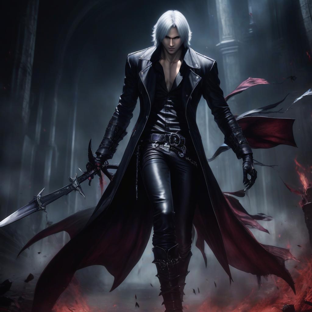  dante devil may cry in dark fantasy dark colors with black hair action pose pure white skin crazy smile big black eyes long hair big demonic sword gothic outfit