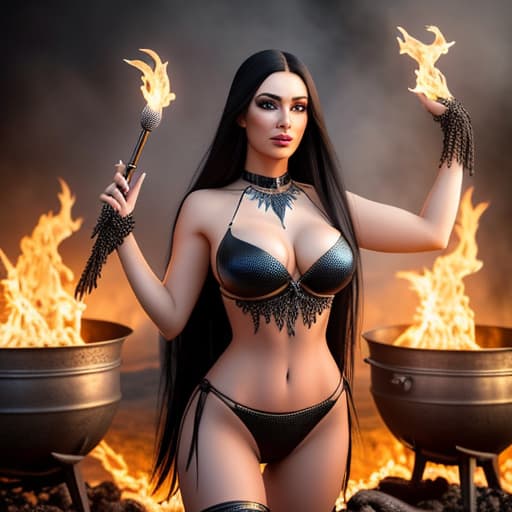  beautiful sorceress with long black hair wearing a chain mail bikini casting a spell standing with her hands above a bubbling cauldron, her face illuminated by the glow of the fire. good skin, clear eyes, smart hair, soft focus, depth of field, 8k photo, hdr, professional lighting, taken with canon eos r5, 75mm lens, low angle shot hyperrealistic, full body, detailed clothing, highly detailed, cinematic lighting, stunningly beautiful, intricate, sharp focus, f/1. 8, 85mm, (centered image composition), (professionally color graded), ((bright soft diffused light)), volumetric fog, trending on instagram, trending on tumblr, HDR 4K, 8K