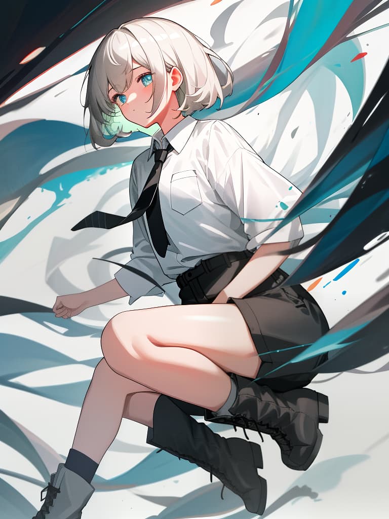  boyish girl, white shirt, tie, boots, black shorts, masterpiece, best quality,8k,ultra detailed,high resolution,an extremely delicate and beautiful,hyper detail