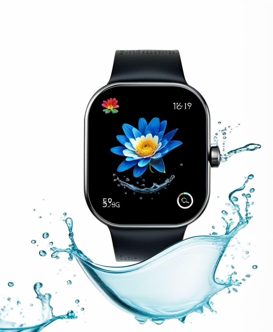  smart watch with a flower on the screen, around a splash of water, white background, film photography style