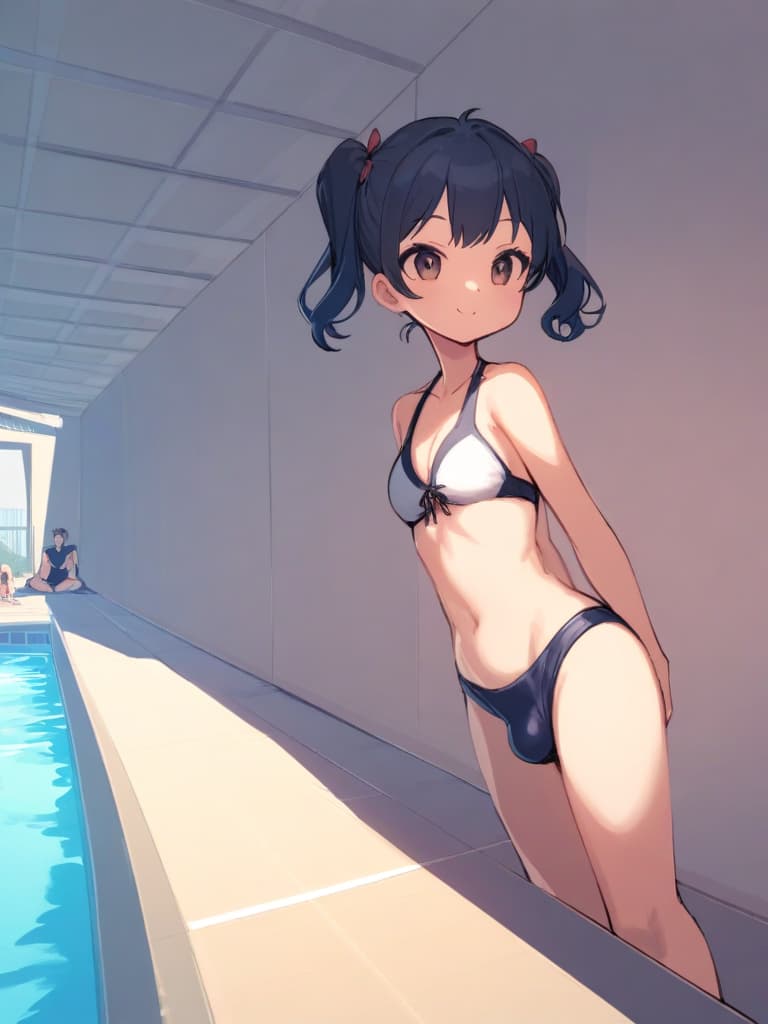  women's elementary students (male), twin tails, cute smiles, (rich s), short stature, dark blue swimwear, old swimwear, swimwear, simple, (upward), upward, (bulge), front, whole body, pool side ,,,