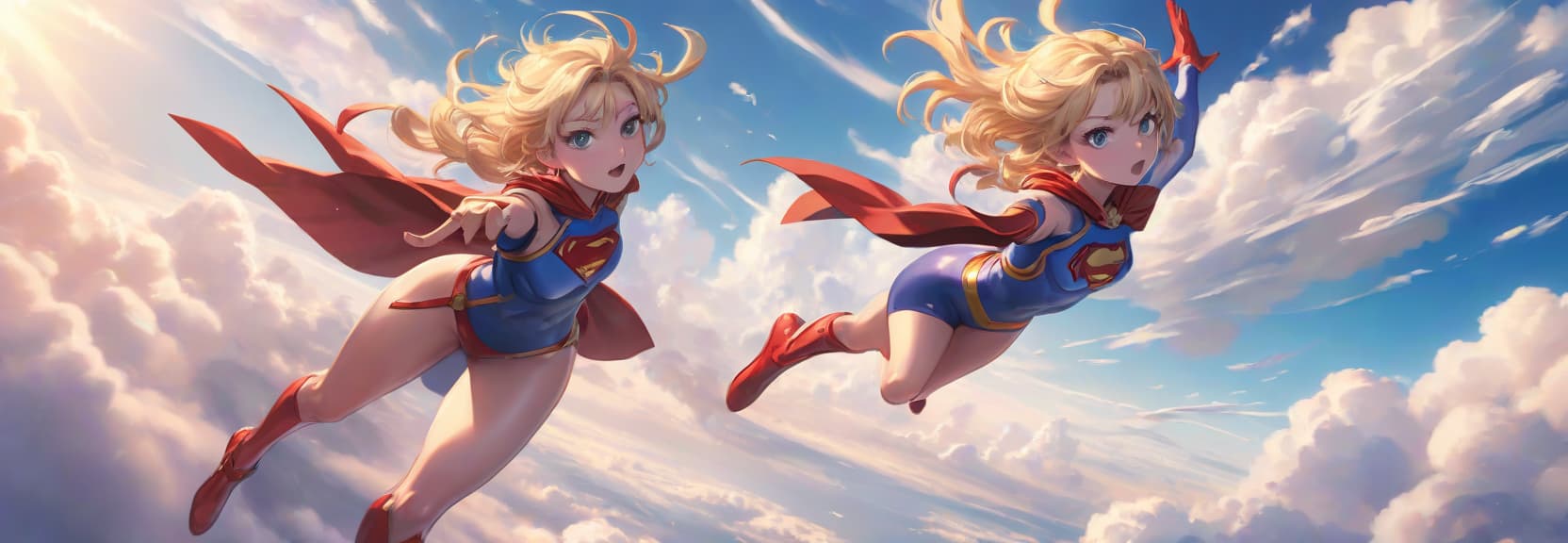  anime artwork dynamic a superhero girl is flying through the sky with one hand looking forward . anime style, key visual, vibrant, studio anime, highly detailed