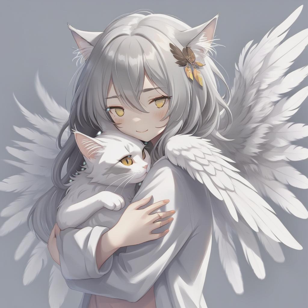  concept art female neko, gray haired, long hair, white eyes, with feathers instead of ears, hugging her own wings . digital artwork, illustrative, painterly, matte painting, highly detailed