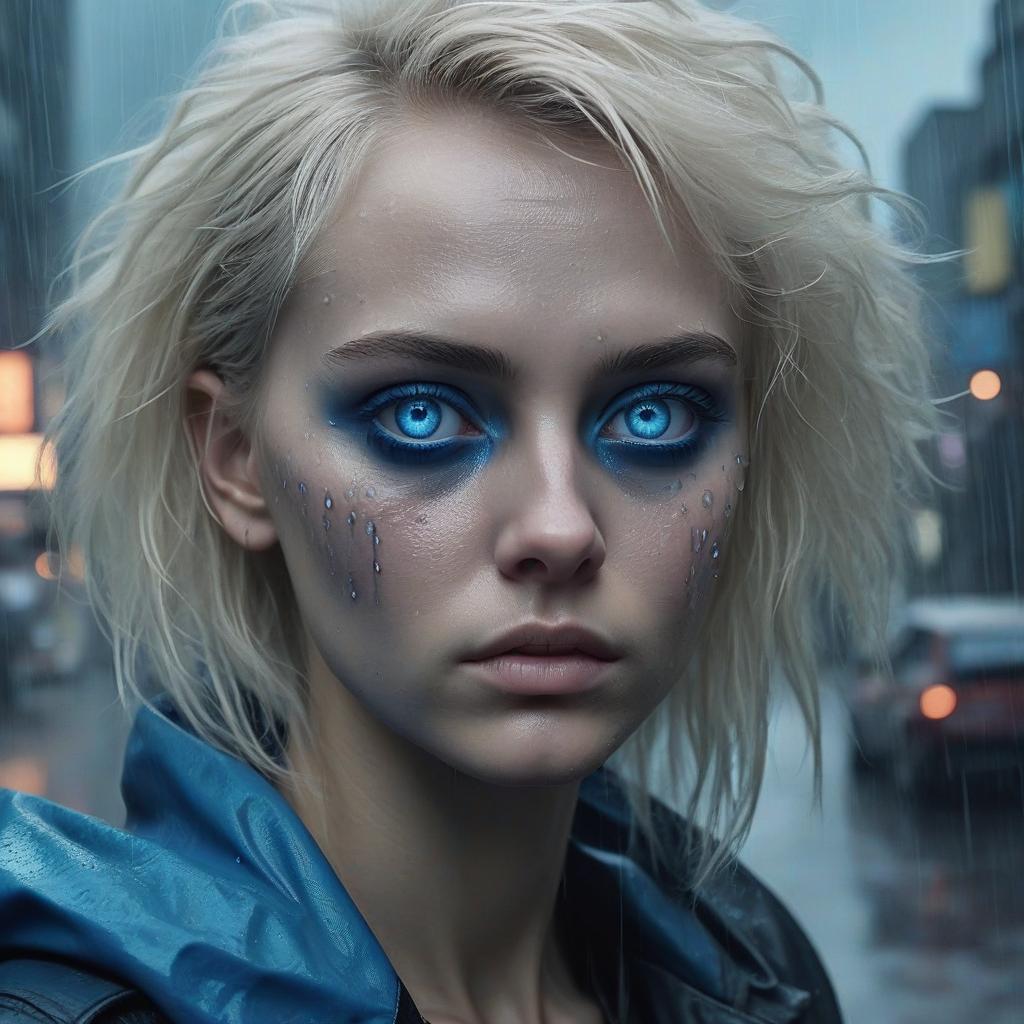   old blonde looks 20, s big, eyes blue, rain city cyberpunk style