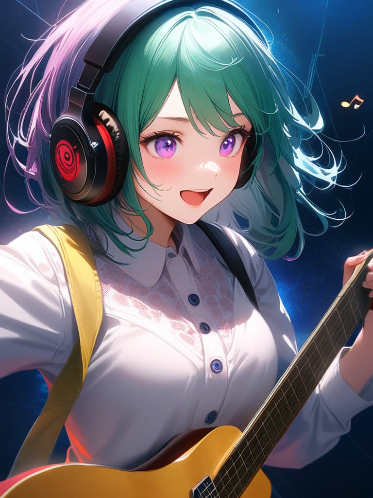  1girl,18yo,(((high school girl))),(((playing with an electric guitar:1.35))),green hair,short hair,purple eyes,headphone,very loud laugh,(((happy pose))),(((metallic focus))),music note effect,realistic