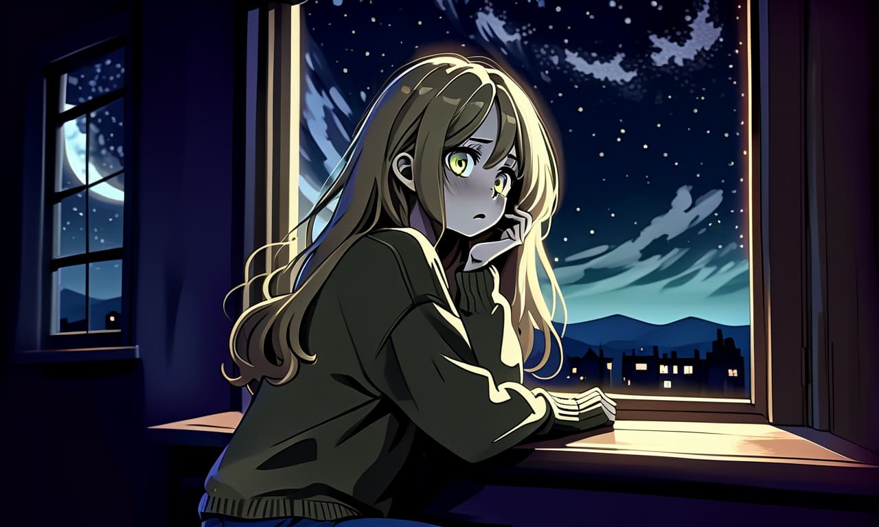  horror themed the girl in the anime style with long hair sits in front of the window at night wearing a khaki sweater and pants. the girl looks out the window at the starry sky of the night with black lower eyelids under the eyes of a specific color full of fear of the unknown and curiosity. she pulls her hand up towards the night sky. . eerie, unsettling, dark, spooky, suspenseful, grim, highly detailed