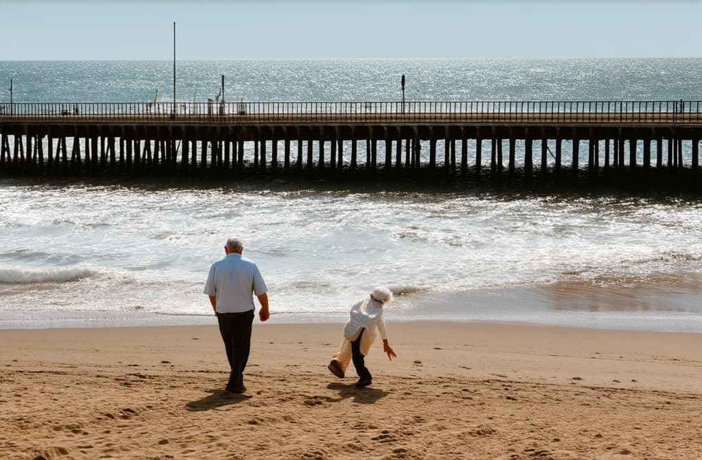  professional detailed photography, grandma and grandpa walking along the seashore, sunny day ar 3:2, (muted colors, dim colors, soothing tones), (vsco:0.3)