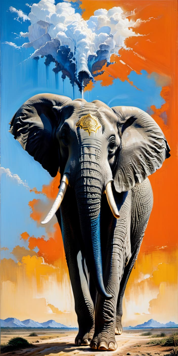  the striking painting depicts an elephant walking towards the viewer, occupying a central place in the composition. the elephant is depicted with realistic but expressive brushstrokes, showing the intricate details of its skin texture, including noticeable wrinkles and grooves. his large ears are widely spaced, so that the detailed texture is visible on both dark and light surfaces. the elephant's tusks stand out in white with golden reflections, which gives it a majestic appearance. the elephant's trunk is visible, going down, and smaller details of its legs and feet are visible under it. above the elephant's head there is a large heart shaped formation of white clouds, abstractly decorated with patches of black and blue, which creates a s