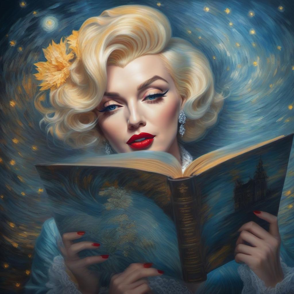  Art by Vincent van Gogh, Marilyn Monroe with a book in her hands hyperrealistic, full body, detailed clothing, highly detailed, cinematic lighting, stunningly beautiful, intricate, sharp focus, f/1. 8, 85mm, (centered image composition), (professionally color graded), ((bright soft diffused light)), volumetric fog, trending on instagram, trending on tumblr, HDR 4K, 8K